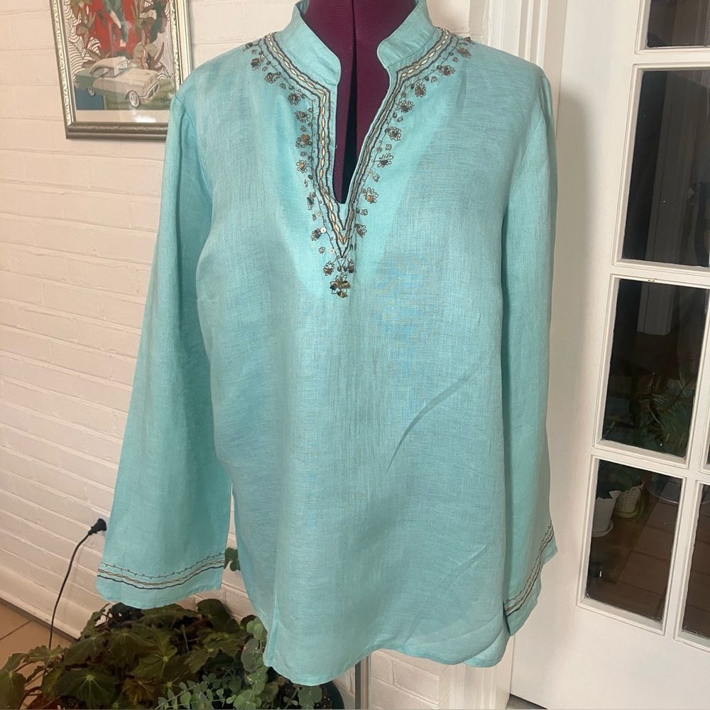 Rafaella Light Blue Linen Top with Embroidery Beading Details Size 14